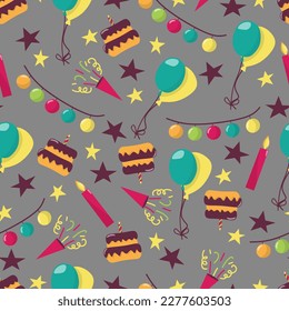 Seamless pattern for the holiday. With the image of a cake, garlands, balloons and stars. In hand draw style, on a dark background.