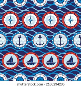 Seamless pattern of holiday nautical symbols and waves