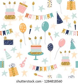 Seamless pattern with holiday objects. Cute birthday print. Vector hand drawn illustration.