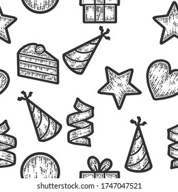 Seamless pattern. Holiday objects, signs and symbols. Sketch scratch board imitation. Black and white. Engraving vector illustration.