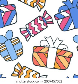 Seamless pattern. Holiday packages with gifts. Gift boxes. Cute cartoon graphics. Vector template