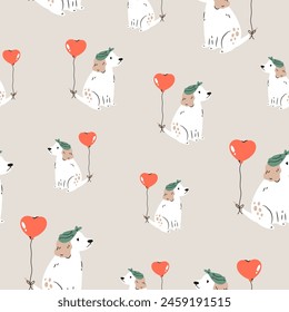 Seamless pattern with holiday spaniel dogs and balloons. Illustration for textile, print, wrapping paper, gift boxes