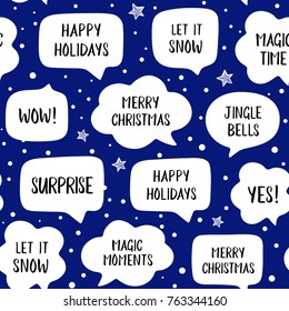 Seamless pattern holiday speech bubbles with christmas greetings: merry christmas, happy holiday, let it snow etc. Vector illustration on blue background