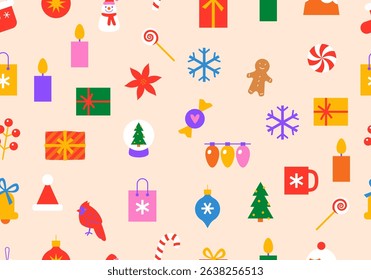 Seamless pattern with holiday symbols. Cute holiday background. Winter holidays texture. New year design