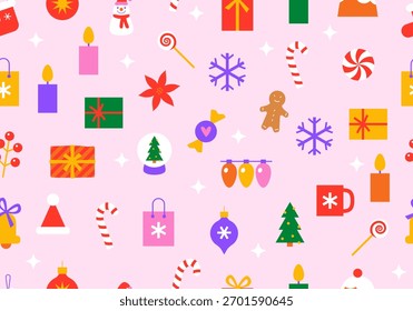 Seamless pattern with holiday symbols. Cute holiday background. Winter holidays texture. New year design