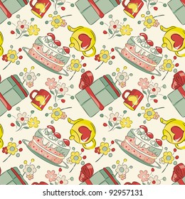 Seamless pattern - holiday tea-drinking and gifts.