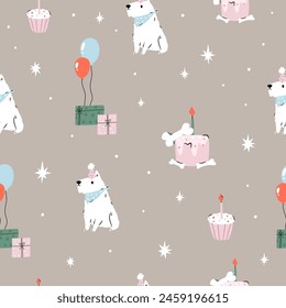 Seamless pattern with holiday terrier dogs. Birthday cakes, decorations, balloons. Illustration for textile, print, wrapping paper, gift boxes