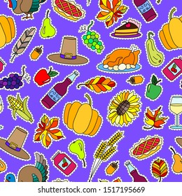 Seamless pattern for holiday Thanksgiving day, a simple hand-drawn coloured patches on a purple background