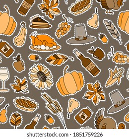 Seamless pattern for holiday of Thanksgiving day, a simple hand-drawn patches icons on a brown background, Sepia,monochrome