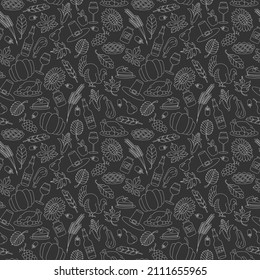 Seamless pattern for holiday Thanksgiving day, a simple hand-drawn light contour shape on dark background