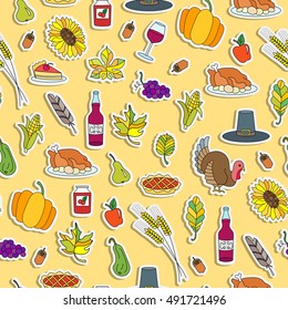 Seamless pattern for holiday Thanksgiving day, a simple hand-drawn colour stickers on yellow background