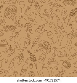 Seamless pattern for holiday Thanksgiving day, a simple hand-drawn contour shape on beige background
