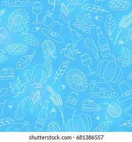 Seamless pattern for holiday Thanksgiving day,,light contour icons on blue background