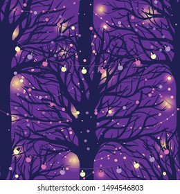 Seamless pattern with holiday trees and colorful lights in the night, poster for magical vibes, can be used for new year or christmas party, vector illustration