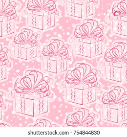 Seamless Pattern, Holiday Wedding or Valentine Gift Boxes with Bows, Red Contours on White and Pink Tile Background. Vector