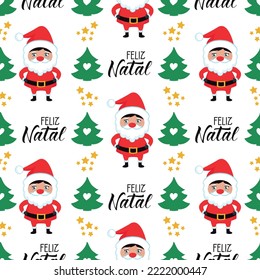 Seamless pattern with holidays decor. Christmas background for wallpapers, textile, wrapping paper. Feliz Natal. Merry Christmas in Portuguese. Funny Papai Noel