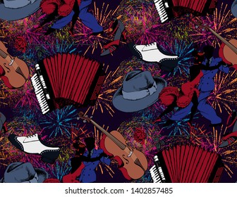 Seamless pattern. Holidays and fireworks, couple dancing tango and musicians