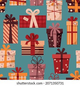 
Seamless pattern for the holidays, New Year and Christmas with cute gift boxes on a blue background. Baby background for fabric, wrapping paper, textile, packaging, wallpaper and clothing. 