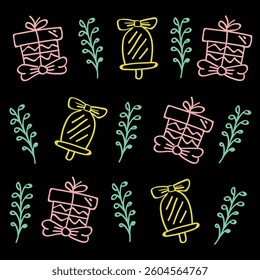 Seamless pattern holidays theme gift boxes and ring bells hand drawn icon texture