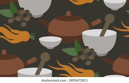 Seamless pattern for holistic center, naturopathic, homeopathy, acupuncture, ayurveda, Chinese medicine, womans health. Alternative medicine. Traditional Chinese medicine with herb and spices