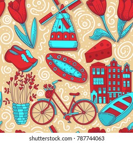 Seamless pattern of Holland. Country main symbols background. Touristic design with tulips, wooden clogs, windmills, bycicle, cheeze, herring, buildings