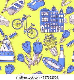 Seamless pattern of Holland. Netherlands main symbols background. Touristic design with tulips, wooden clogs, windmills, bycicle, cheese, herring, buildings
