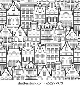 Seamless pattern of Holland old houses facades. Traditional architecture of Netherlands. Line style black and white vector isolated illustrations in the Dutch style. For coloring, design, background.