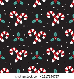 Seamless pattern with holly berries and candy cane. Christmas and New Year symbols for banner, wallpaper, wrapping paper or fabric. Flat design vector illustration.