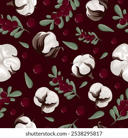 seamless pattern of holly berries of different green sprigs and different cotton flowers arranged randomly on a red background, for holiday cards, banners or posters