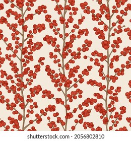 Seamless pattern with holly berries.  Ilex verticillata. Winterberry  branch. Colorful.