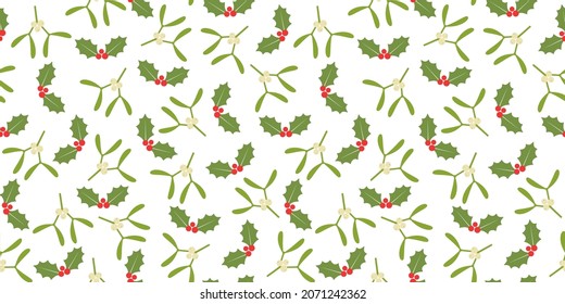 Patrón sin foco de bayas y mistletoe en un fondo blanco. Símbolos Navidad y Feliz Año Nuevo, ilustración vectorial de estilo retro.