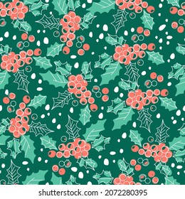 Patrón sin foco con bayas huecas sobre un fondo verde oscuro. Símbolo de Navidad. Impresión vectorial de vacaciones para su diseño. Estilo plano.