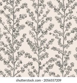 Seamless pattern with holly berries. Winterberry  branch. Ilex verticillata. Black and white.