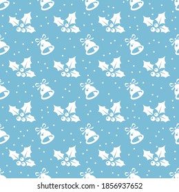 Seamless pattern with holly berry and bells. Flat design.  Holiday New Year or Christmas vector illustration. Design element for banner, wallpaper, wrapping paper or fabric.