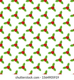 Seamless pattern with Holly berry branch. Leaves for traditional ornamental wreath from plants for greeting cards for for Merry Christmas and Happy New Year. Flat vector illustration.