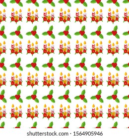 Seamless pattern with Holly berry branch. Leaves for traditional ornamental wreath from plants for greeting cards for for Merry Christmas and Happy New Year. Flat vector illustration.