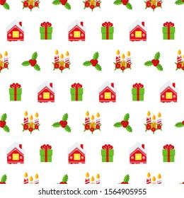 Seamless pattern with Holly berry branch. Leaves for traditional ornamental wreath from plants for greeting cards for for Merry Christmas and Happy New Year. Flat vector illustration.