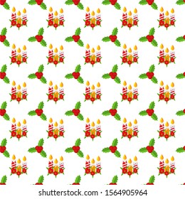 Seamless pattern with Holly berry branch. Leaves for traditional ornamental wreath from plants for greeting cards for for Merry Christmas and Happy New Year. Flat vector illustration.