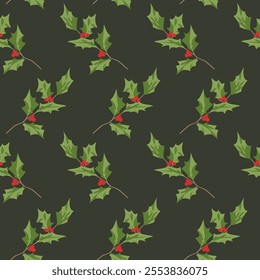 Seamless pattern with holly berry branches, simple traditional Christmas decoration, wrapping paper design