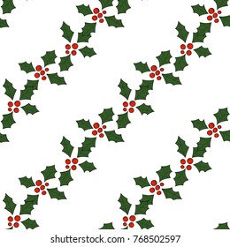 Seamless pattern with holly berry. Hand drawn wallpaper and textile texture for Merry Christmas and Happy New Year.