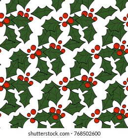 Seamless pattern with holly berry. Hand drawn wallpaper and textile texture for Merry Christmas and Happy New Year.