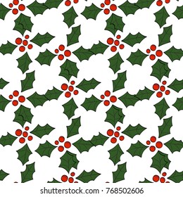 Seamless pattern with holly berry. Hand drawn wallpaper and textile texture for Merry Christmas and Happy New Year.