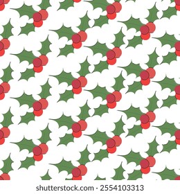 Seamless pattern with holly berry plant with berries and leaves isolated on white background. Hand drawn vector flat colored illustration. Merry Christmas symbol and a happy new year celebration