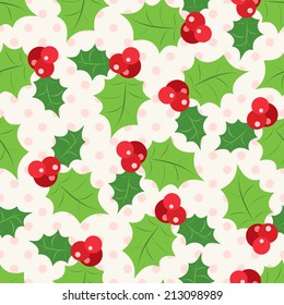 Seamless pattern of holly berry sprig.  Vector illustration of christmas holiday design. Green and red colors.