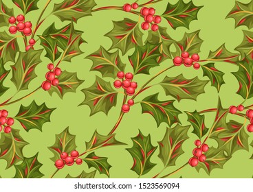 Seamless pattern with holly branches and berries. Stylized hand drawn background in retro style.