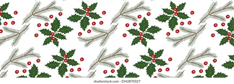 Seamless pattern of holly branches with berries and pine twigs. Vector illustration.