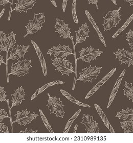 Seamless pattern with holly broadleaf: plant, kudin leaves and holly broadleaf dry leaves. Kudin tea. Vector hand drawn illustration.