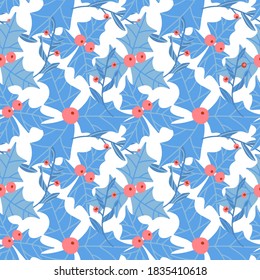 Patrón sin foco con holly. Fondo navideño en colores azul, rojo y blanco. Ilustración con mano plana
