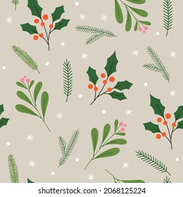 Seamless pattern with holly and fir branches. Christmas and new year theme