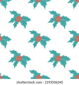 Seamless pattern with holly. Flat vector illustration